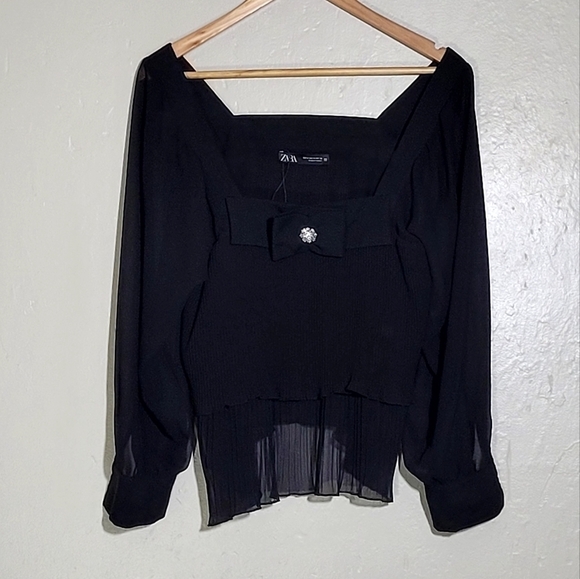 Zara Black Bow Tie Jeweled Blouse - Picture 1 of 4